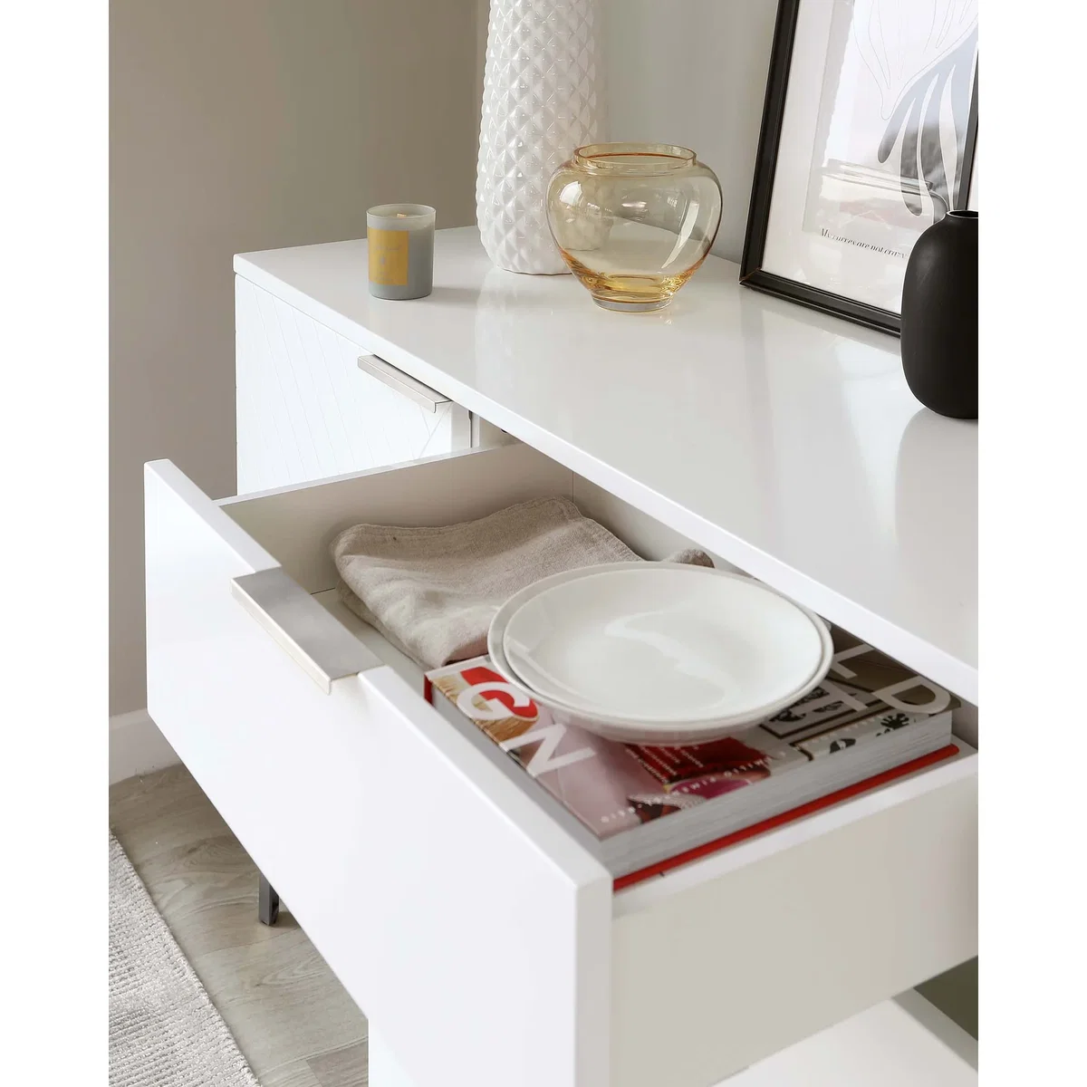 Geo Large Matt White and Stainless Steel Textured Sideboard – image 4