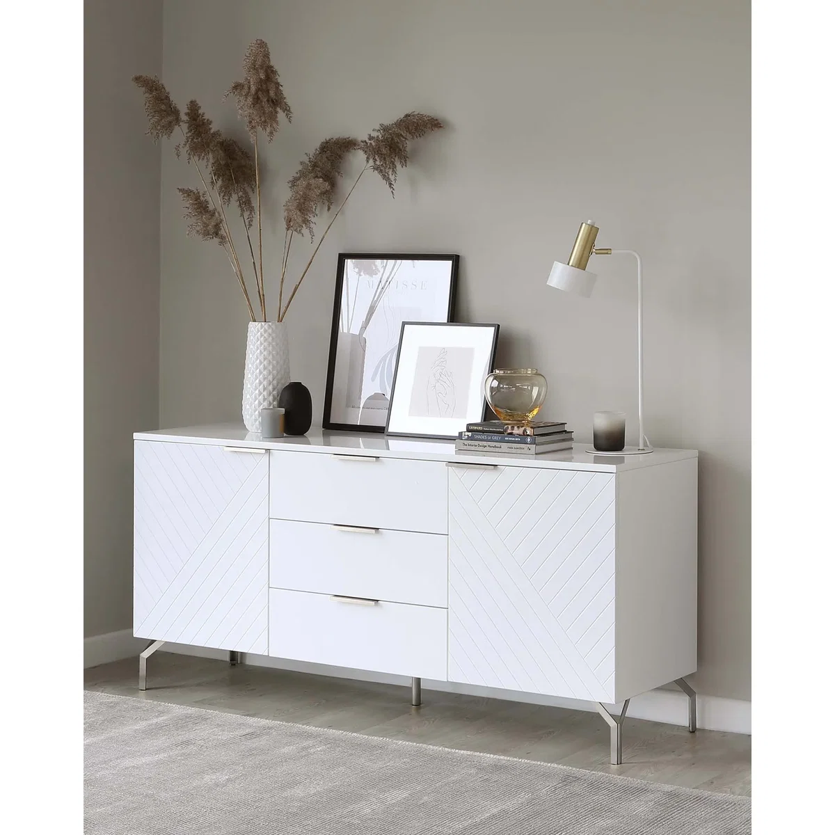 Geo Large Matt White and Stainless Steel Textured Sideboard – image 6