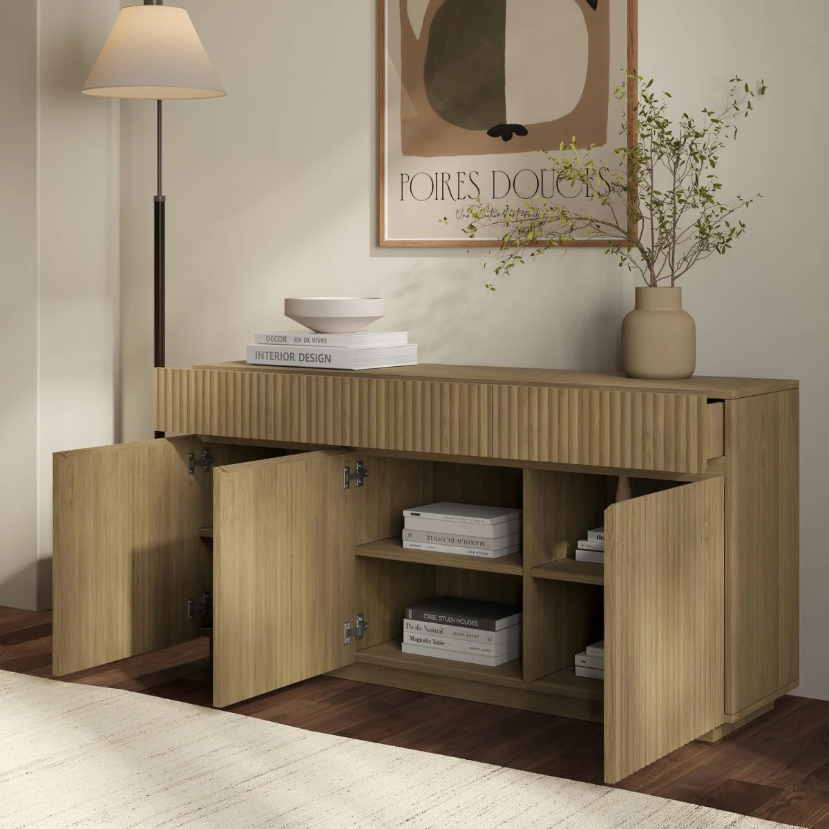 Large Oak Fluted Sideboard with Cupboards and Drawers - Hazel – image 3