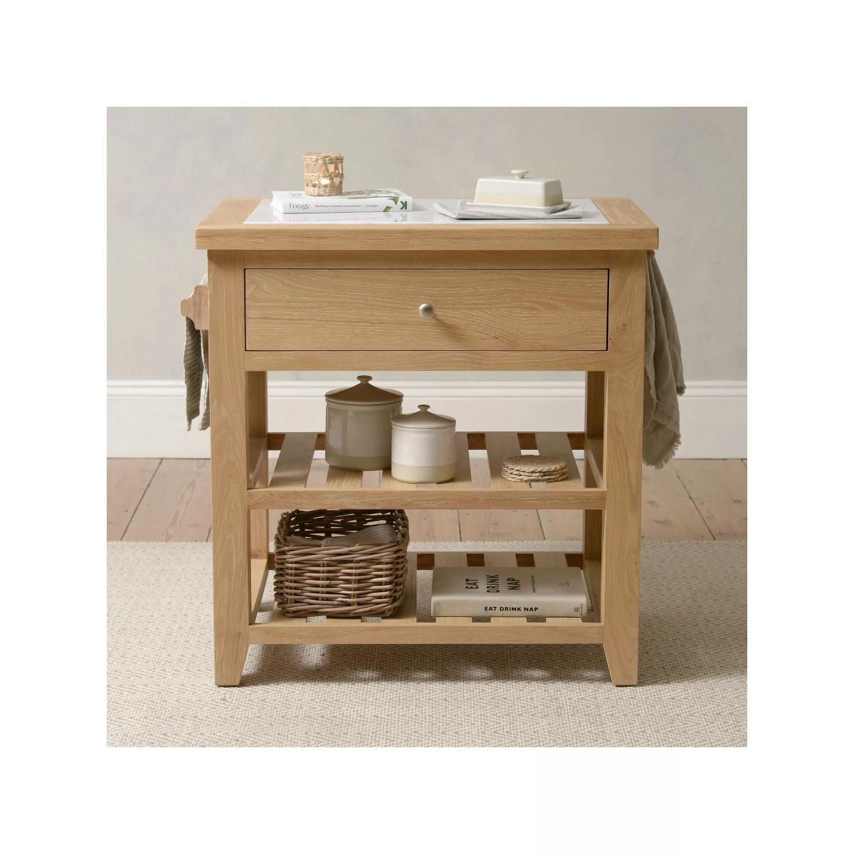Cotswold Inglesham Small Kitchen Island, Whitewash Oak/White Marble – image 2