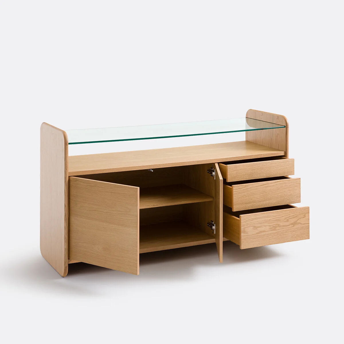 Ericson Oak Veneer Sideboard with Tempered Glass Top, 2 Doors and 3 Drawers – image 5