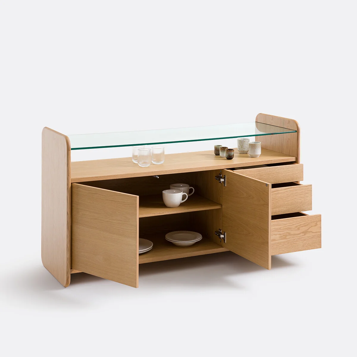 Ericson Oak Veneer Sideboard with Tempered Glass Top, 2 Doors and 3 Drawers – image 6