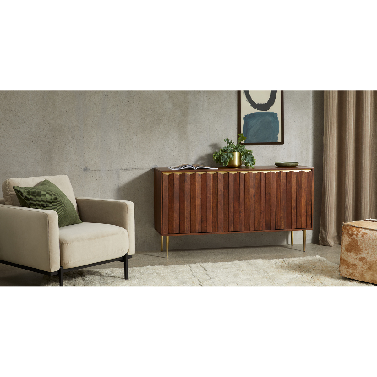 Talin Wide Sideboard, Walnut Stain Acacia Wood & Brass – image 3