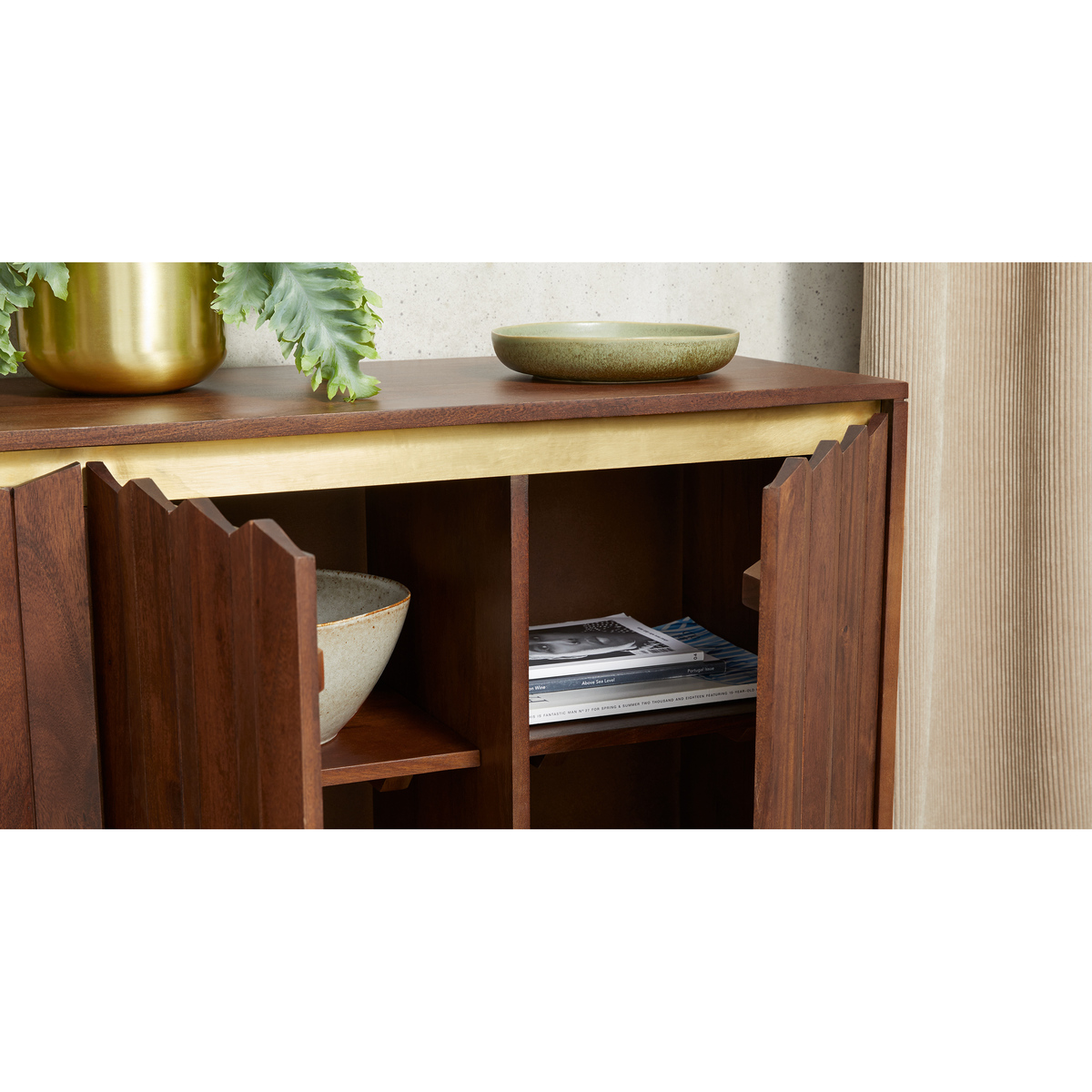 Talin Wide Sideboard, Walnut Stain Acacia Wood & Brass – image 4