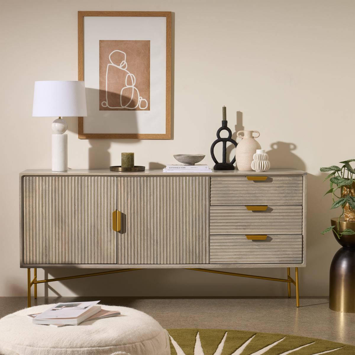 Haines Wide Sideboard, Grey Washed Mango Wood & Brass – image 11