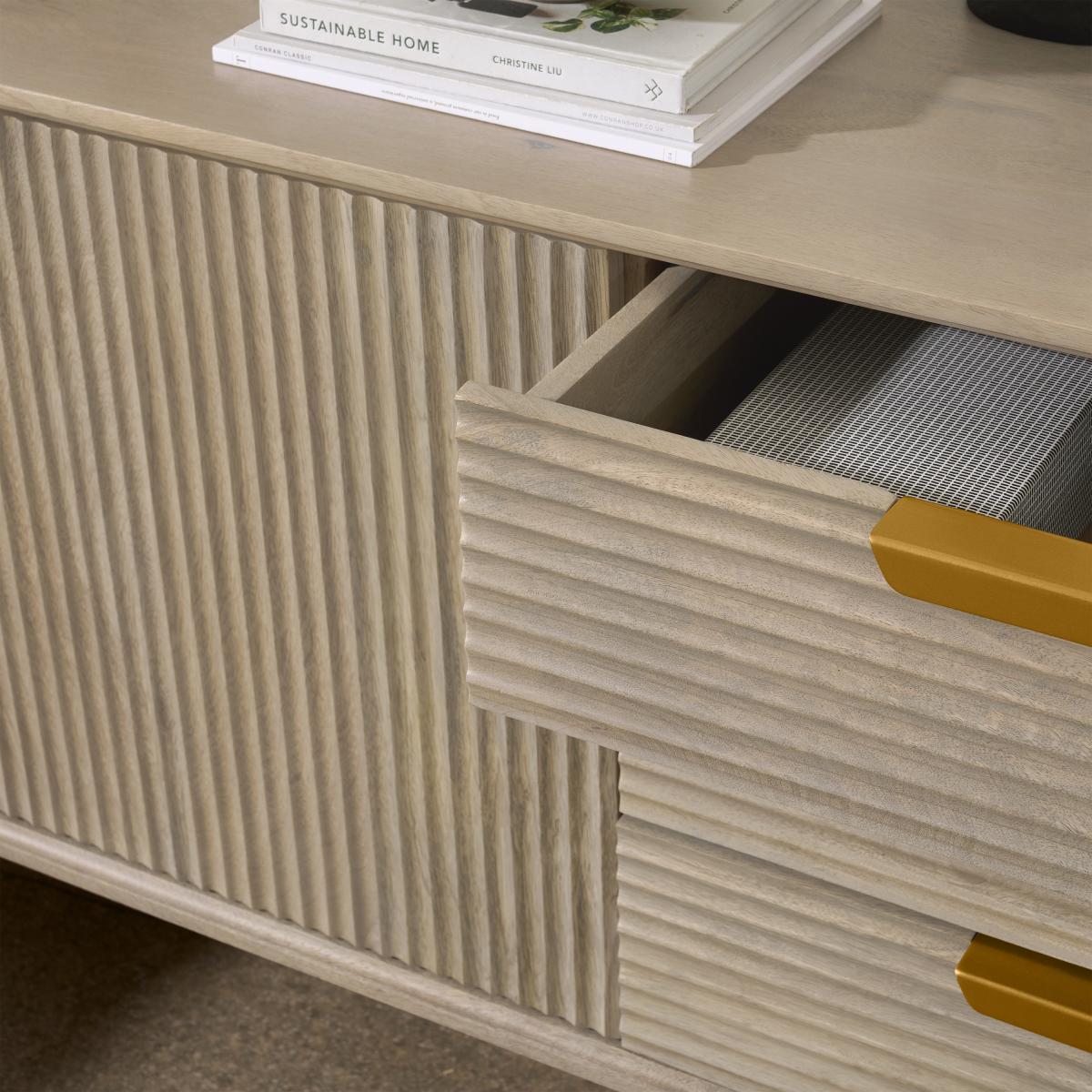 Haines Wide Sideboard, Grey Washed Mango Wood & Brass – image 12