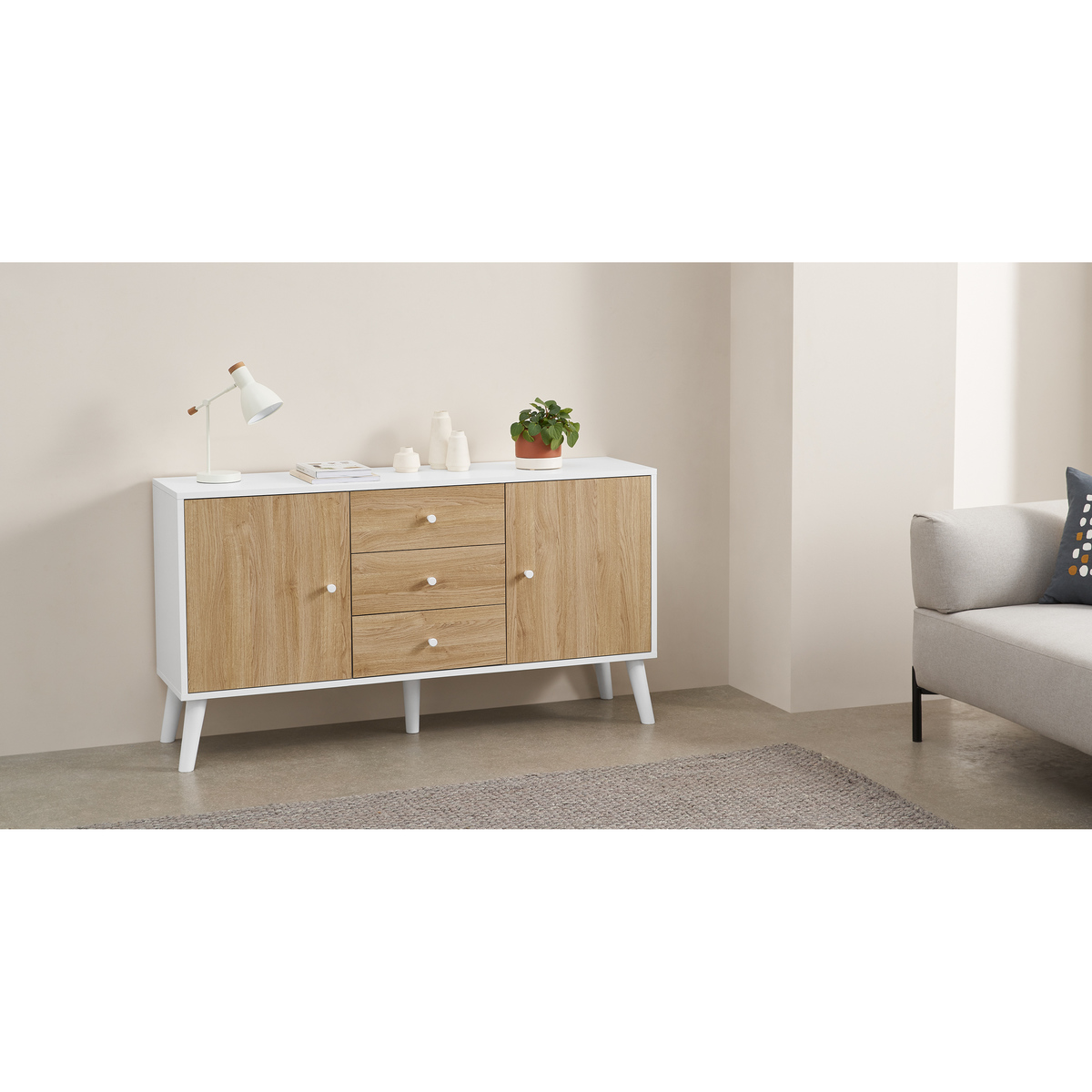 MADE Essentials Larsen Large Sideboard, Oak Effect & White – image 3
