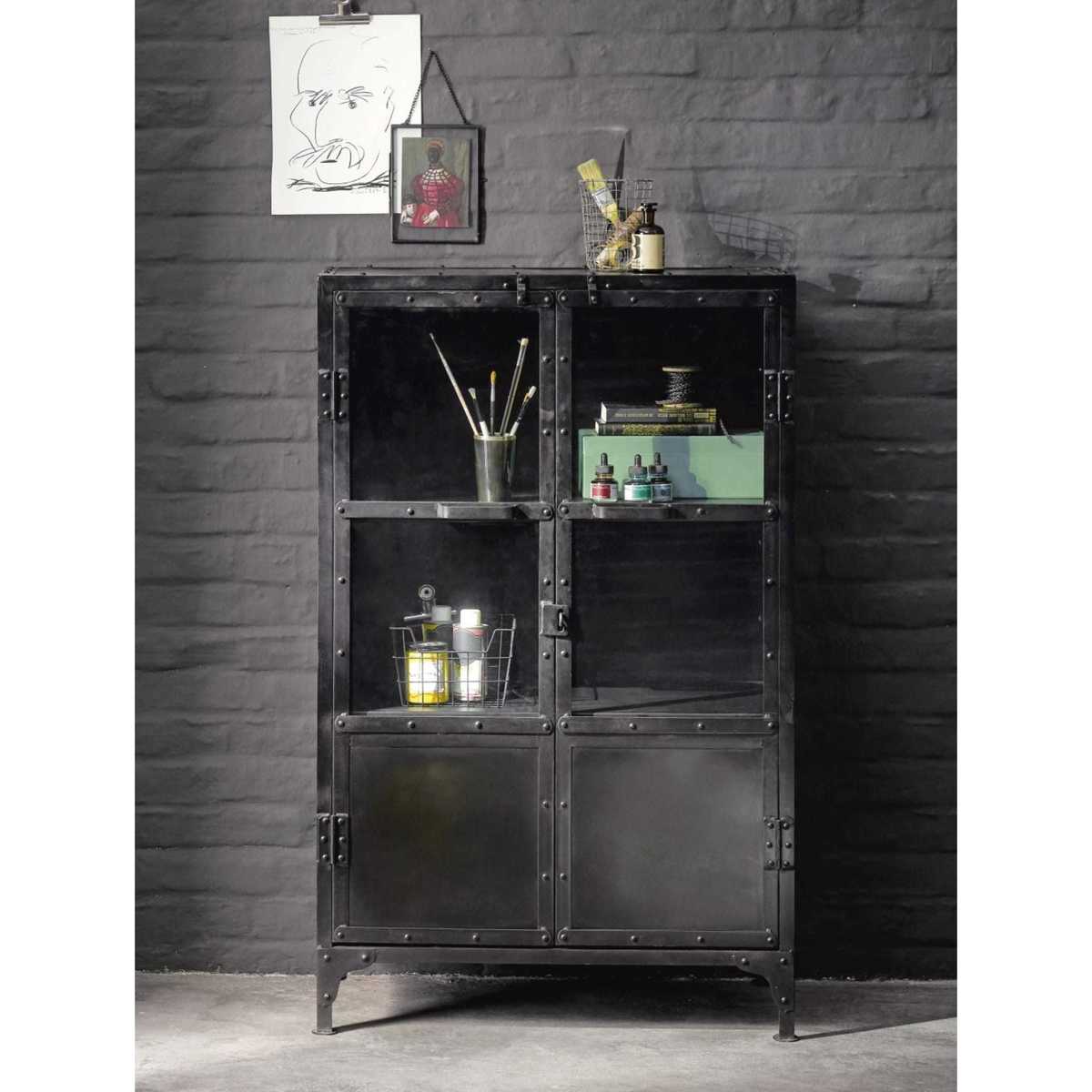 Metal industrial glazed cabinet in black W 75cm Edison – image 3