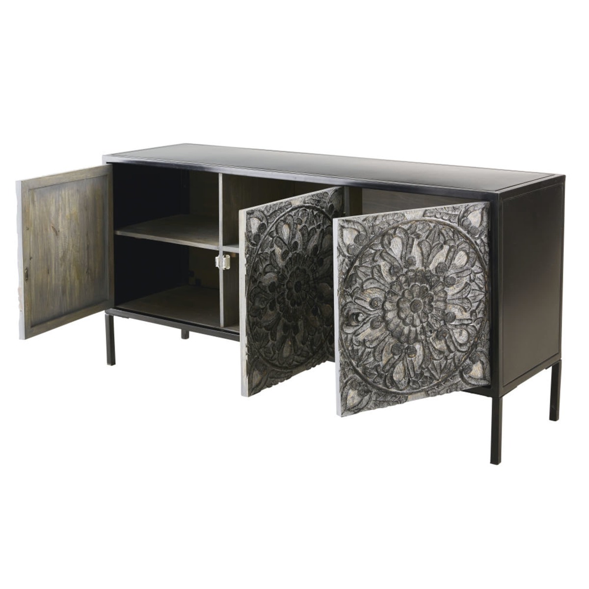 Carved Mango Wood and Black Metal 3-Door Sideboard Topaze – image 2