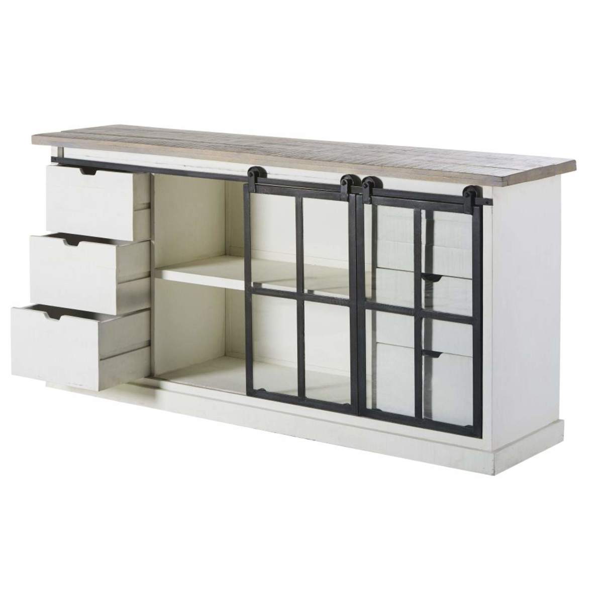 BENODET - Solid Mango Wood and Tempered Glass 2-Door 6-Drawer Sideboard – image 3