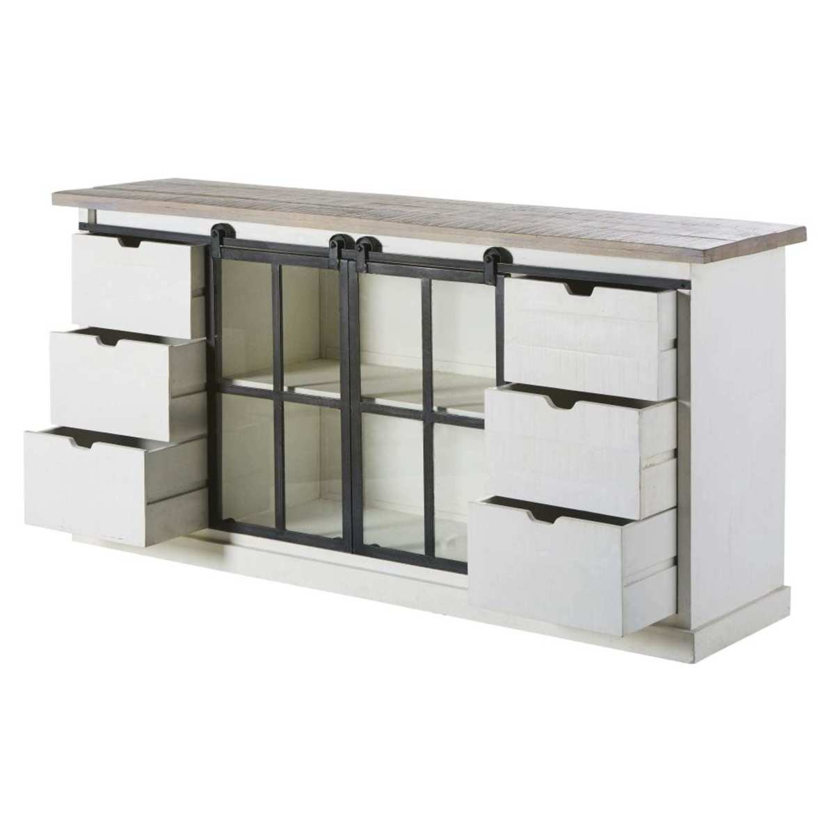 BENODET - Solid Mango Wood and Tempered Glass 2-Door 6-Drawer Sideboard – image 5