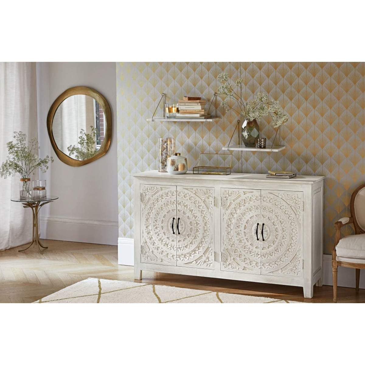 MANNAR - Carved White Solid Mango Wood 4-Door Sideboard – image 7