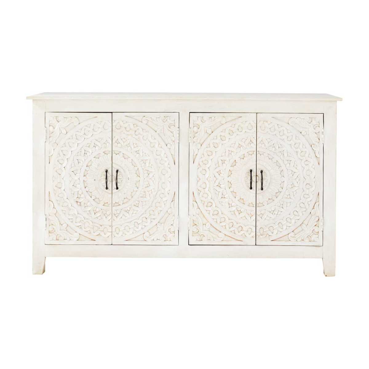 MANNAR - Carved White Solid Mango Wood 4-Door Sideboard – image 1