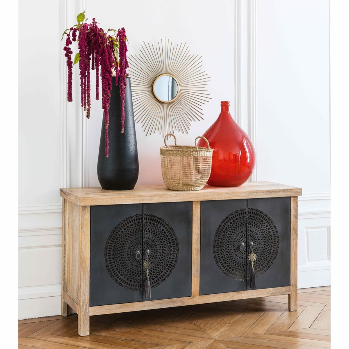MENARA - 4-Door Sideboard in Solid Mango Wood and Black Openwork Metal – image 5