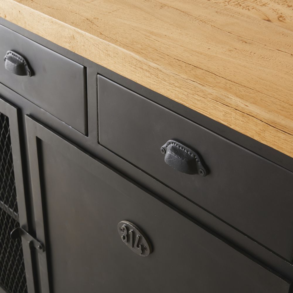 Grey Metal and Solid Mango Wood 4-Door 3-Drawer Sideboard – image 3