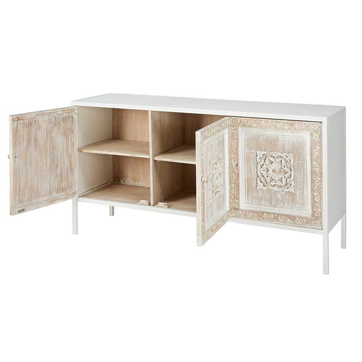 MAMBOK - White metal and sculpted mango wood 3-door sideboard – image 3