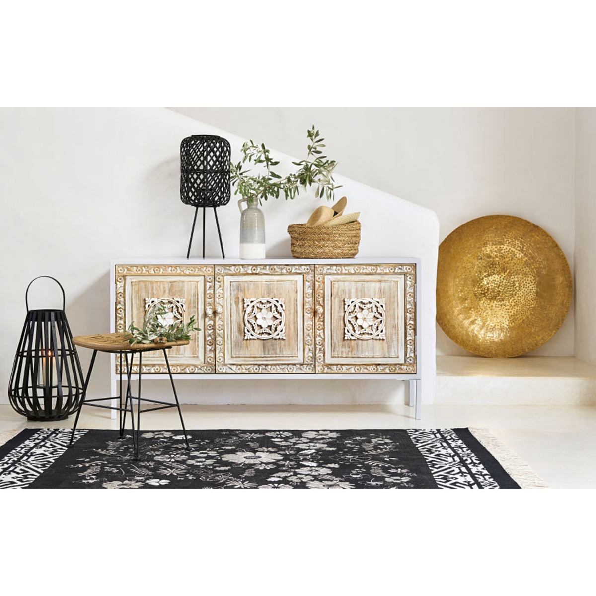 MAMBOK - White metal and sculpted mango wood 3-door sideboard – image 6