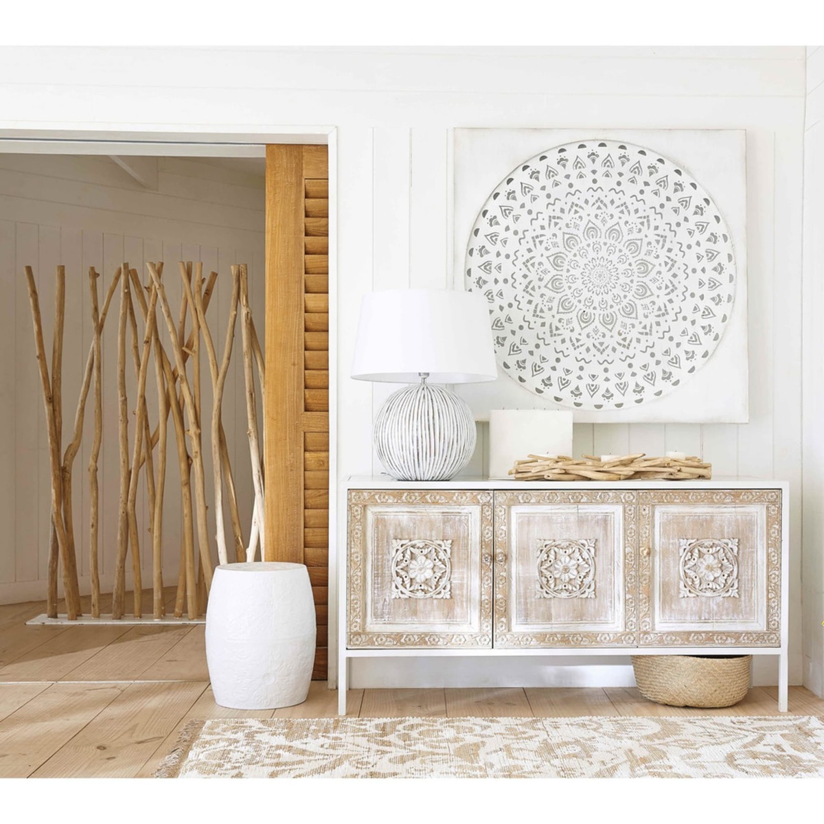 MAMBOK - White metal and sculpted mango wood 3-door sideboard – image 8