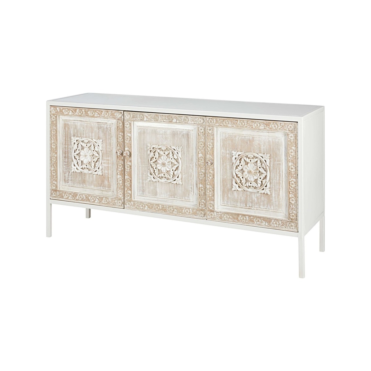 MAMBOK - White metal and sculpted mango wood 3-door sideboard – image 2