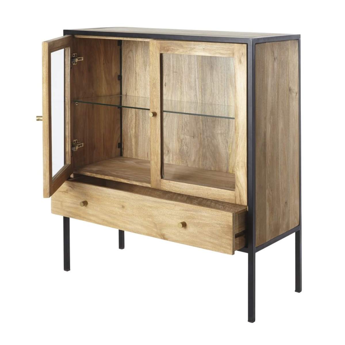 Solid Mango Wood and Tempered Glass 2-Door 1-Drawer High Sideboard Junter – image 2