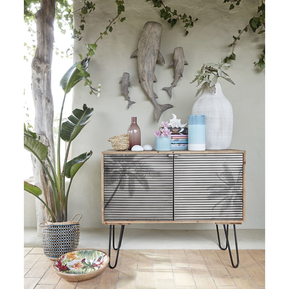 Solid Pine and Grey Palm Tree Print Metal 2-Door Sideboard Santa Cruz – image 3