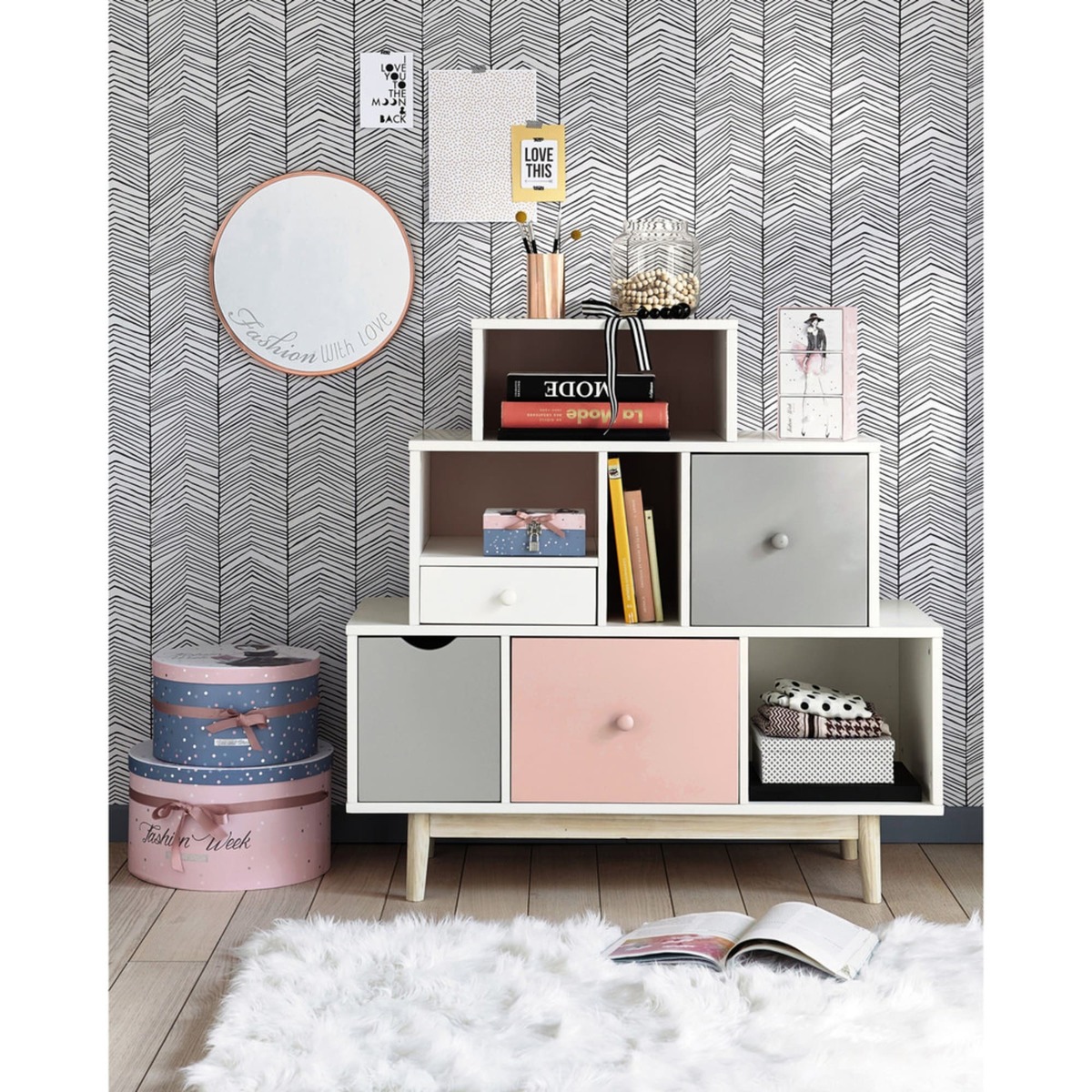 Storage Cabinet with 4 White, Pink and Grey Drawers Blush – image 7