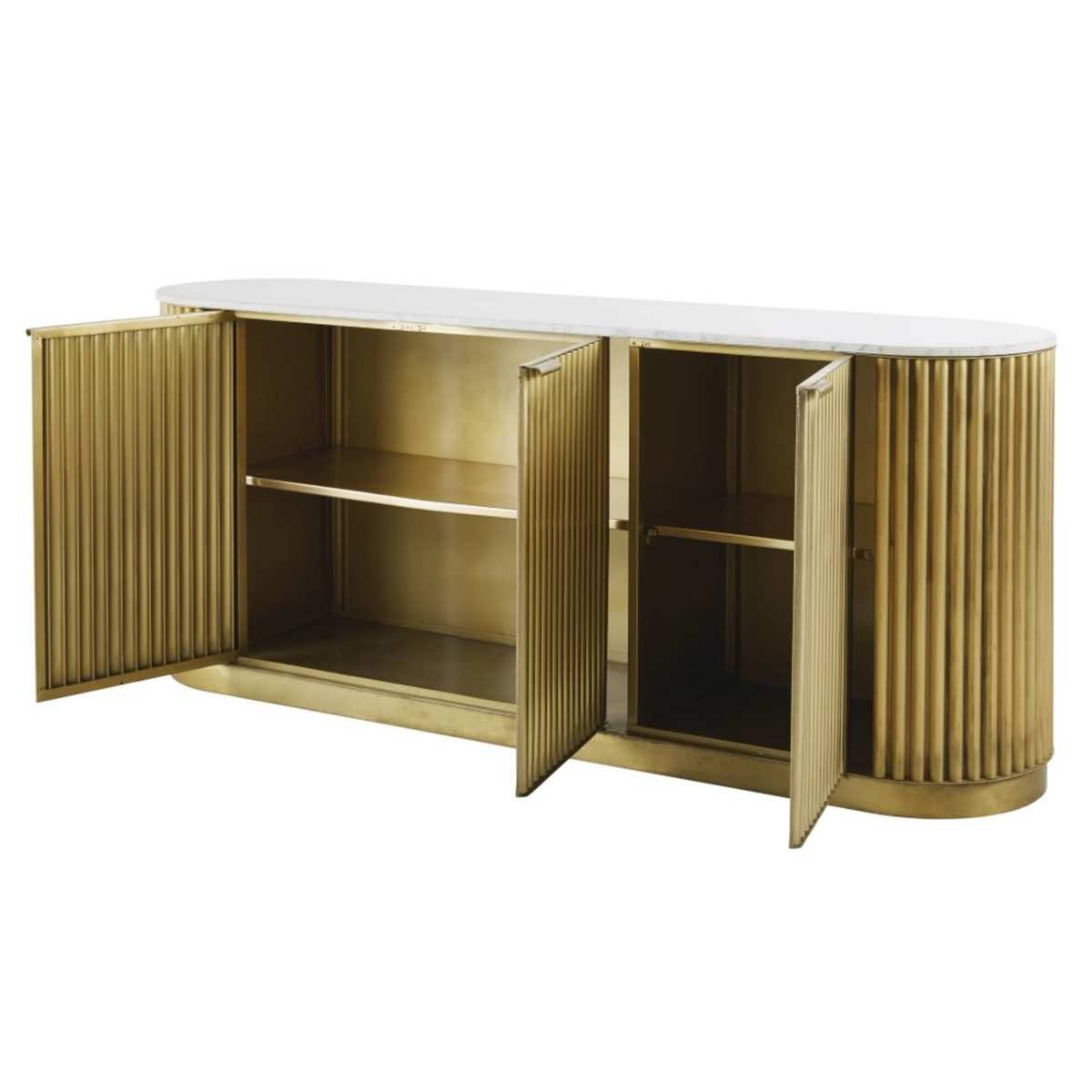 Brass-Coloured Corrugated Metal and White Marble 3-Door Sideboard Louxor – image 2