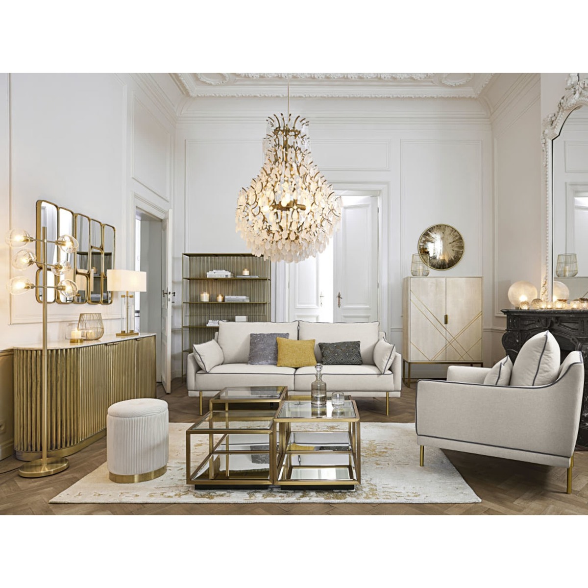 Brass-Coloured Corrugated Metal and White Marble 3-Door Sideboard Louxor – image 4