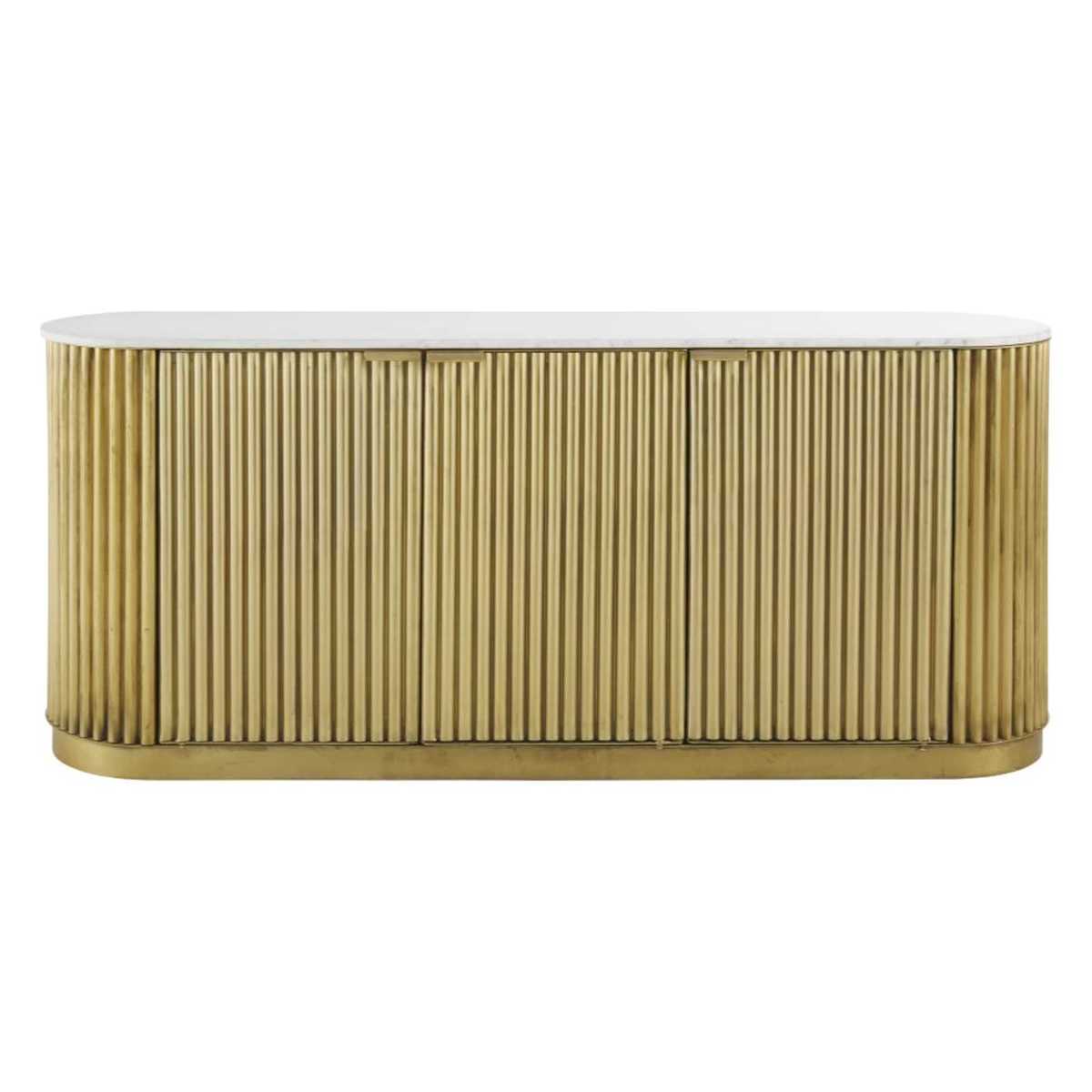 Brass-Coloured Corrugated Metal and White Marble 3-Door Sideboard Louxor – image 1