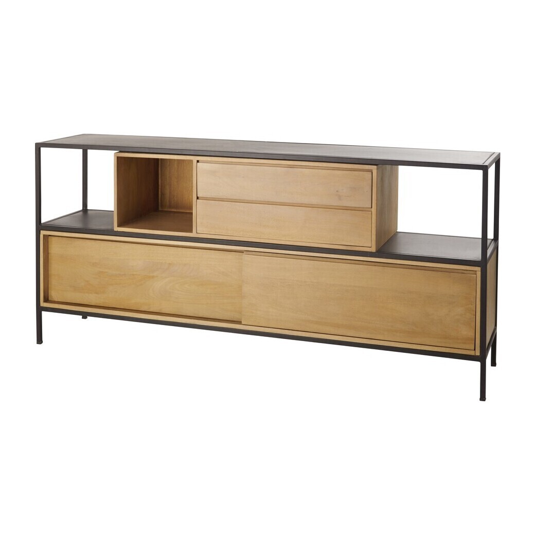 Solid Mango Wood and Black Metal 2-Door 1-Drawer Sideboard – image 2