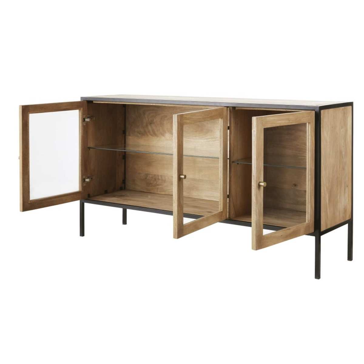 Solid Mango Wood and Tempered Glass 3-Door Sideboard Junter – image 3