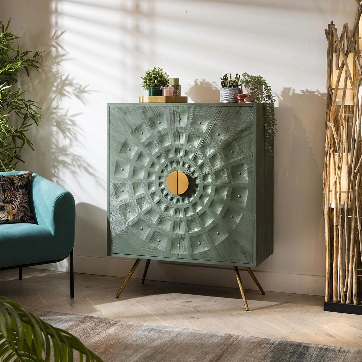 2 Door Sideboard Cabinet Accent Chest Ornate Cricle Wood Green Gold 95cm – image 1