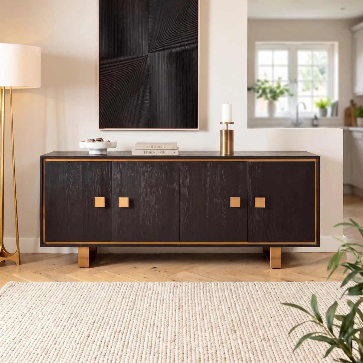 Large Modern Sideboard Buffet Cabinet Black Oak Gold 200cm – image 1