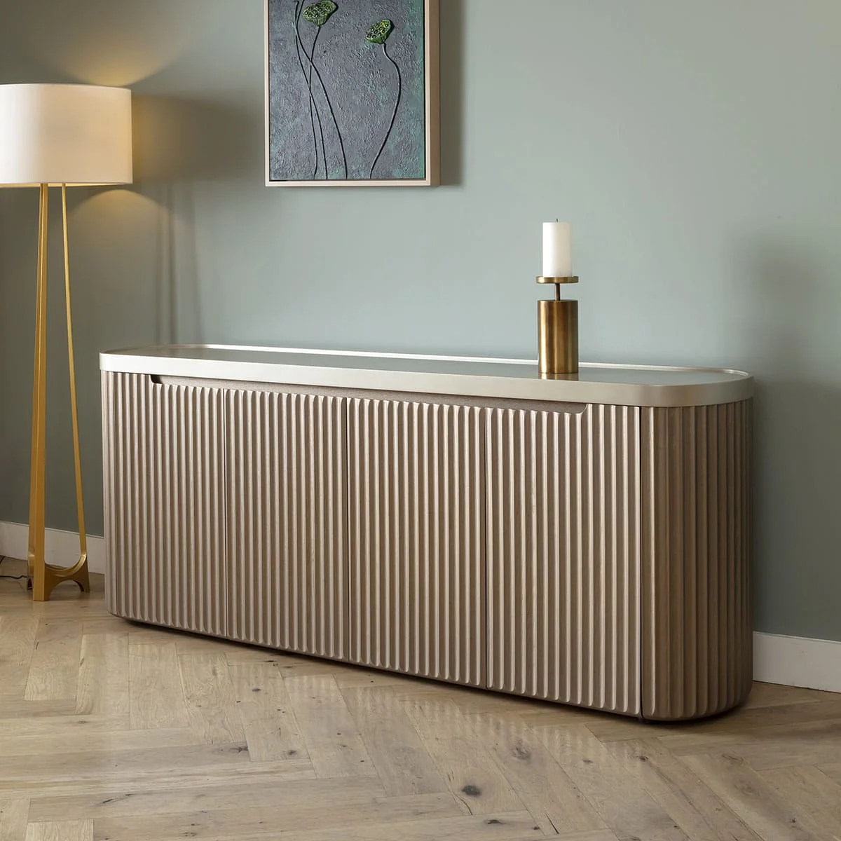 Gold Designer Sideboard Buffet Cabinet Scallop Fluted Wood Glass 200cm – image 2