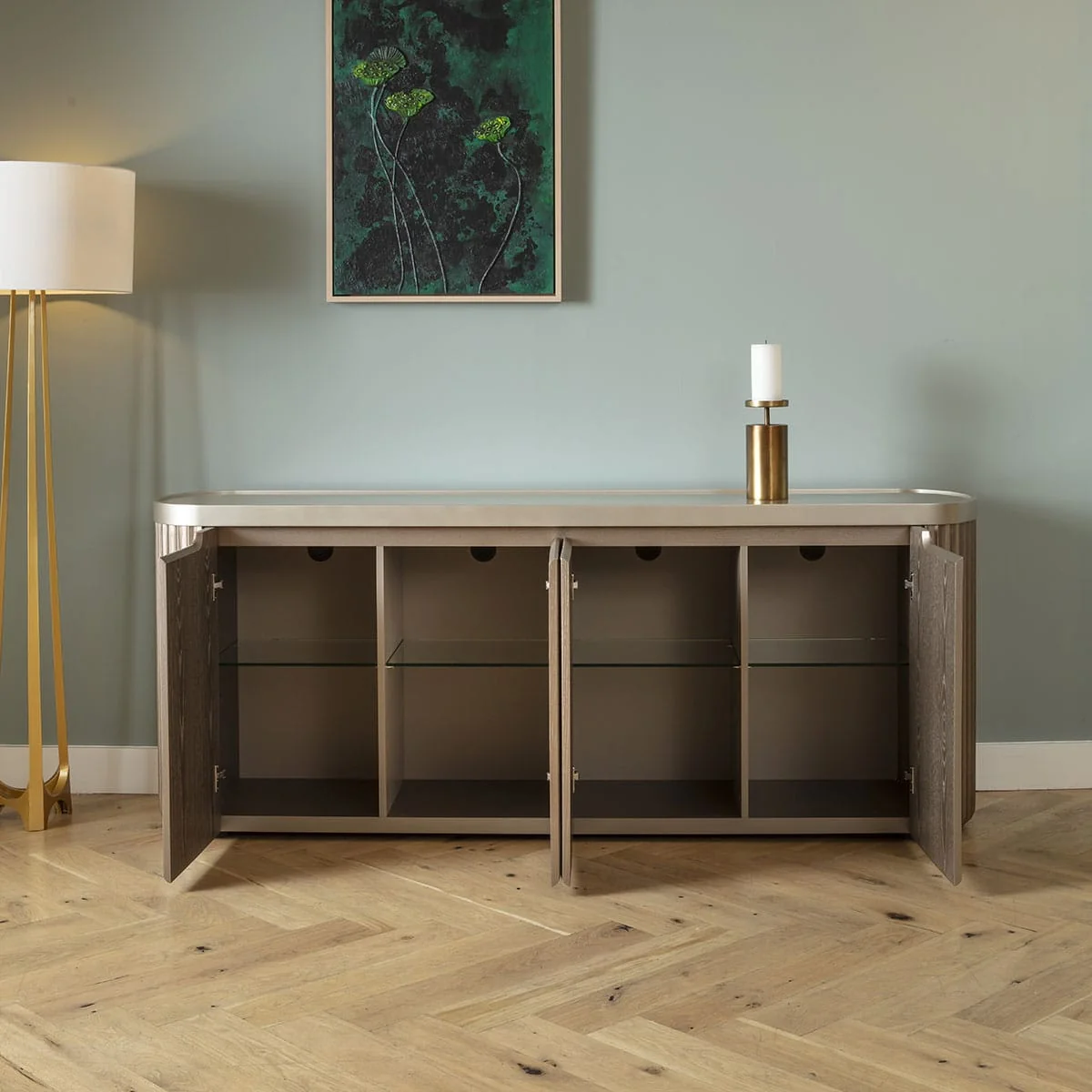 Gold Designer Sideboard Buffet Cabinet Scallop Fluted Wood Glass 200cm – image 3