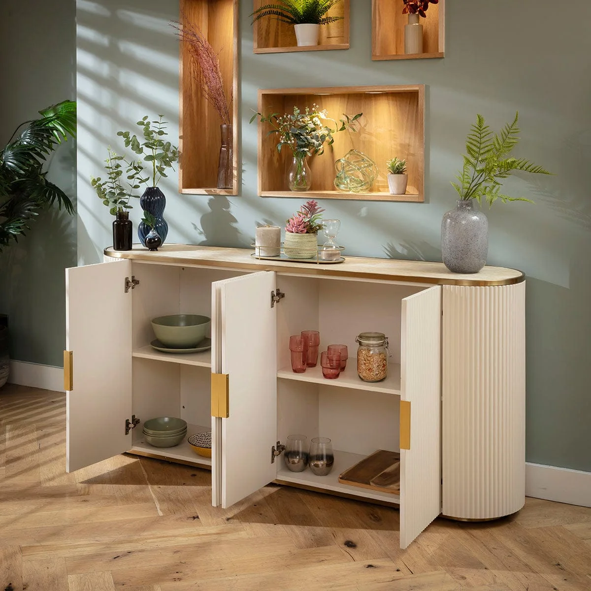 Large Mid Century Modern Sideboard Buffet Cabinet Cream Gold 180cm x 40cm – image 2