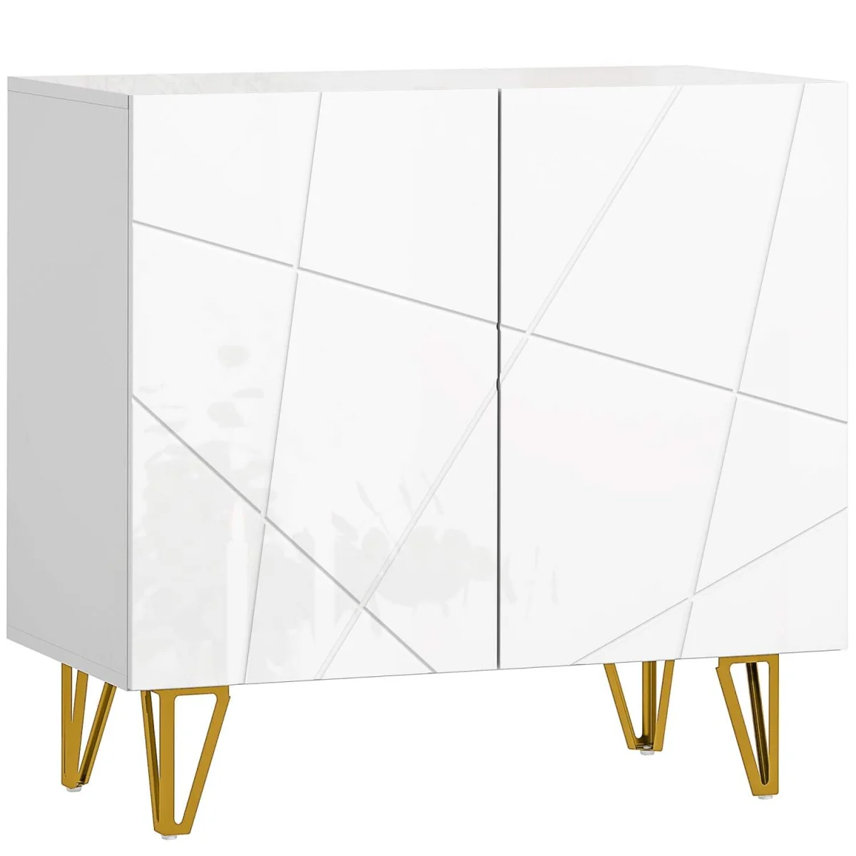 Diro High Gloss White Sideboard with Geometric Line Indents and Gold Hairpin Legs – image 2