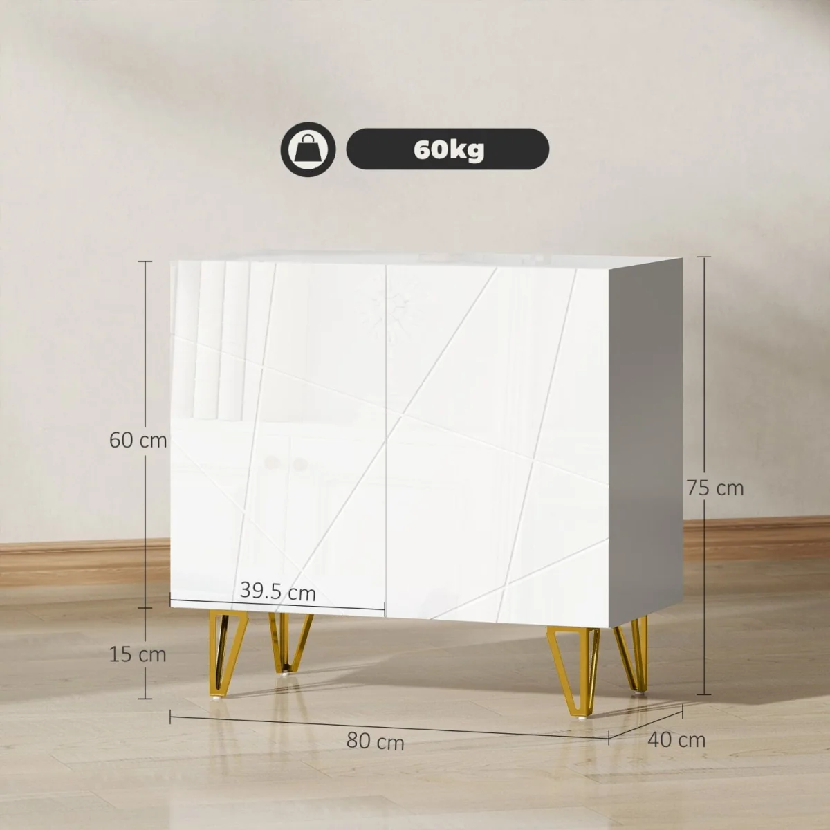 Diro High Gloss White Sideboard with Geometric Line Indents and Gold Hairpin Legs – image 3
