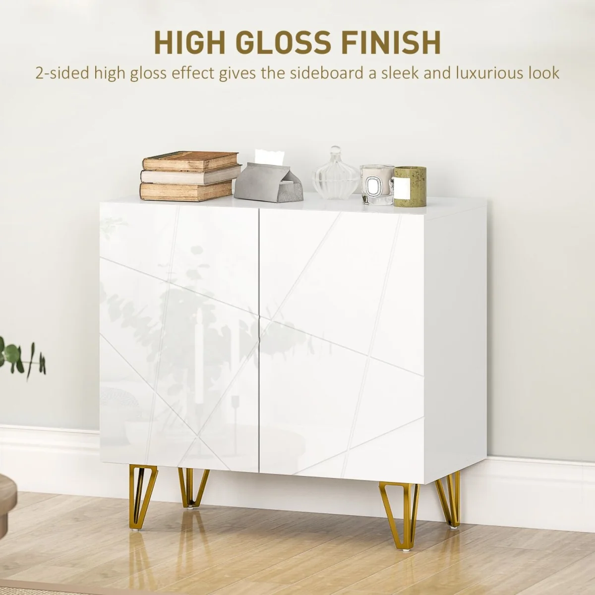 Diro High Gloss White Sideboard with Geometric Line Indents and Gold Hairpin Legs – image 4