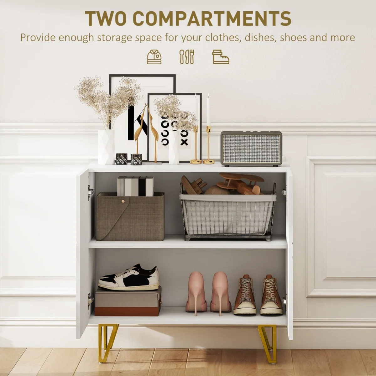 Diro High Gloss White Sideboard with Geometric Line Indents and Gold Hairpin Legs – image 5