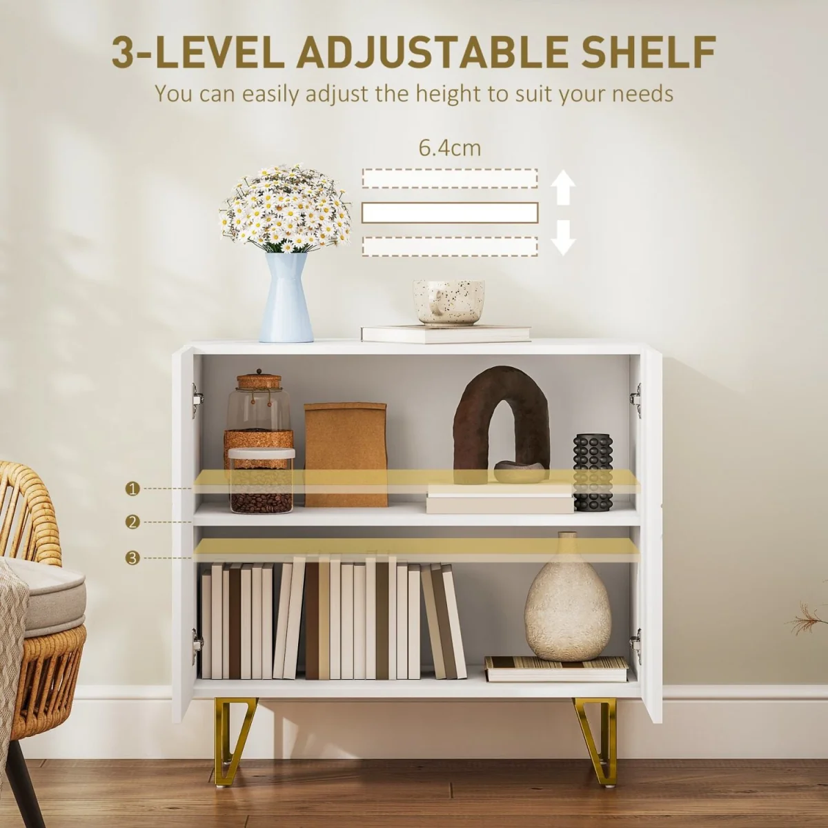 Diro High Gloss White Sideboard with Geometric Line Indents and Gold Hairpin Legs – image 6