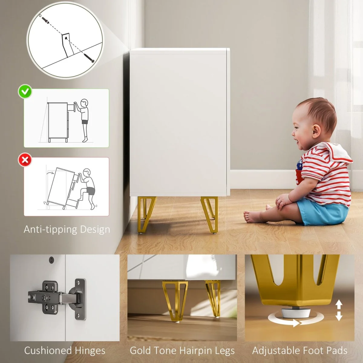 Diro High Gloss White Sideboard with Geometric Line Indents and Gold Hairpin Legs – image 7