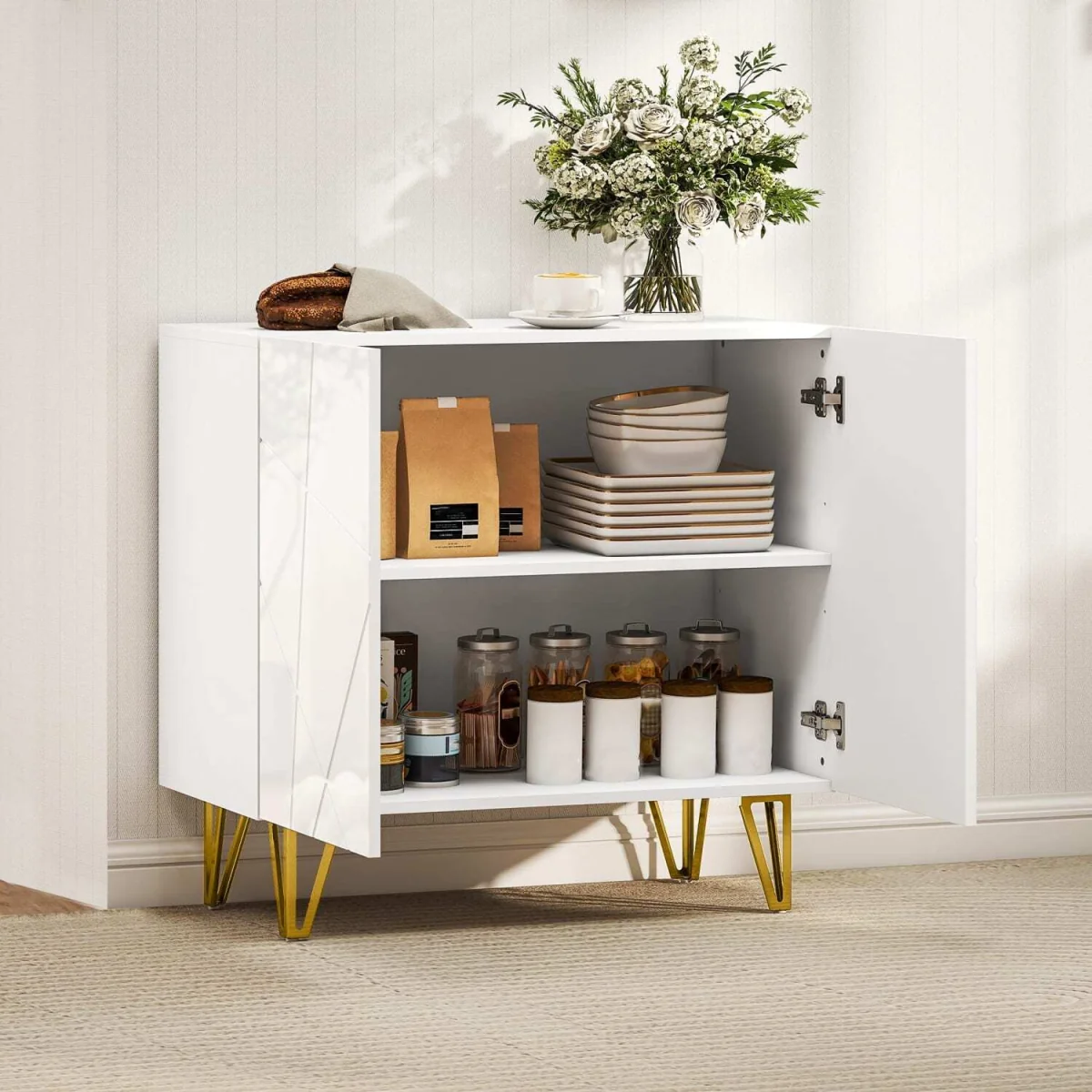 Diro High Gloss White Sideboard with Geometric Line Indents and Gold Hairpin Legs – image 8
