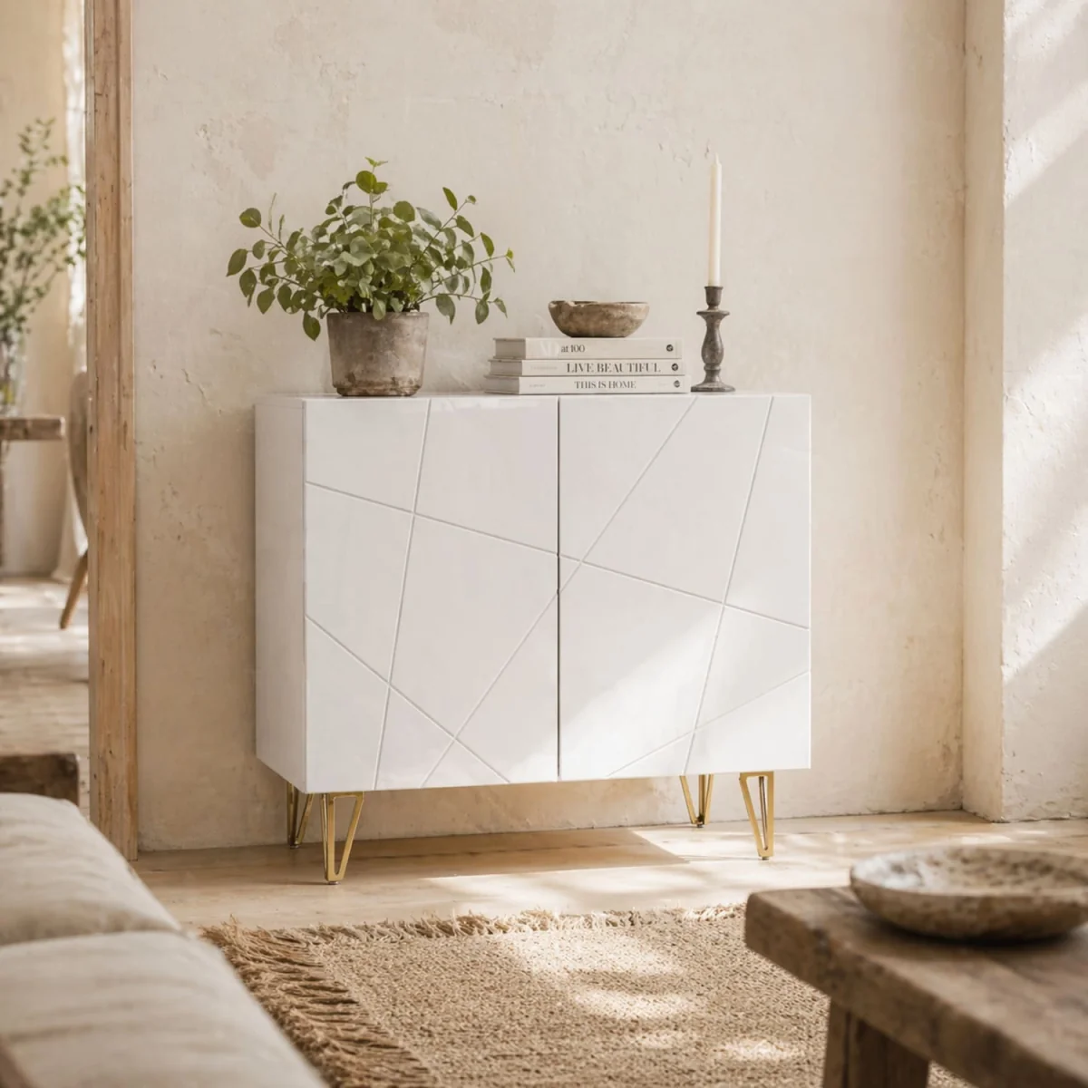 Diro High Gloss White Sideboard with Geometric Line Indents and Gold Hairpin Legs – image 1