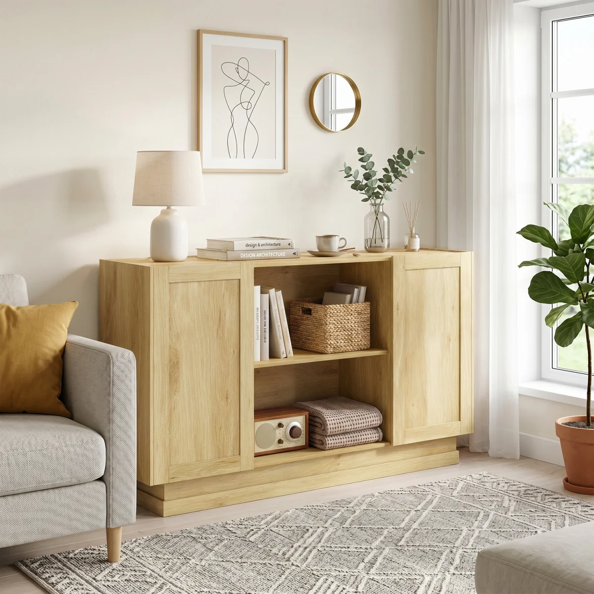 HOMCOM Sideboard Buffet Cabinet, Modern Farmhouse Storage Cabinet - Natural wood finish – image 2
