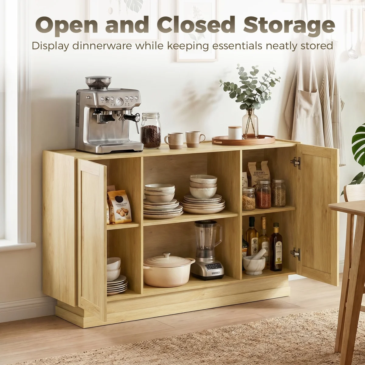 HOMCOM Sideboard Buffet Cabinet, Modern Farmhouse Storage Cabinet - Natural wood finish – image 7