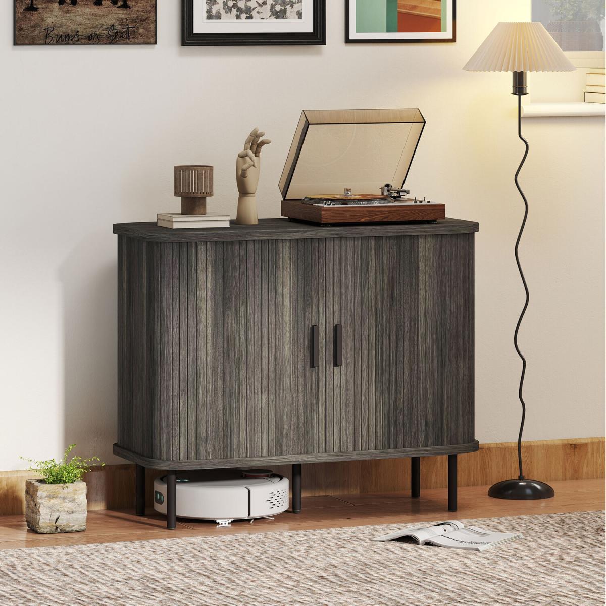 HOMCOM Sideboard Storage Cabinet with Slatted Tambour Sliding Doors - Grey