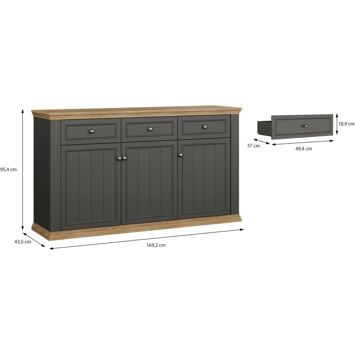 Pontypool 3 Drawer & 3 Door Sideboard - White and Riva Oak – image 13