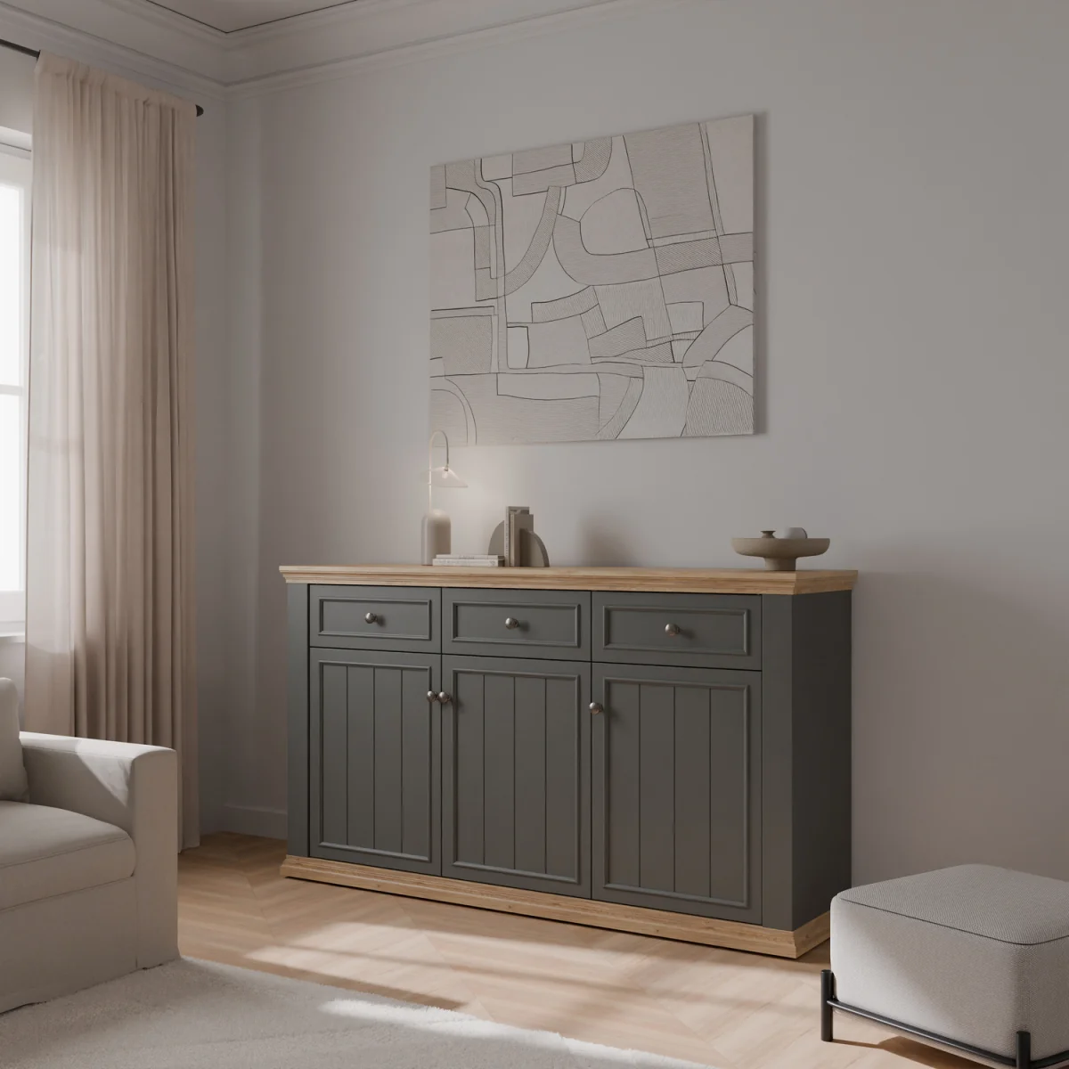 Pontypool 3 Drawer & 3 Door Sideboard - White and Riva Oak – image 7