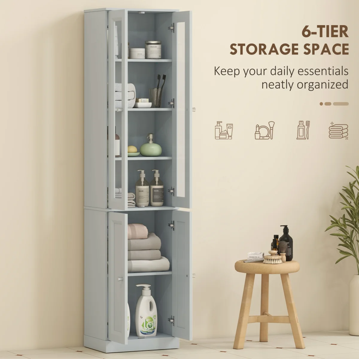 HOMCOM Tall Bathroom Storage Cabinet, 6-Tier Bathroom Cabinet - Dusty Blue – image 4